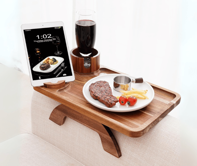 Couch Cup Holder Tray – 3-in-1 Acacia Wood Sofa Arm Tray with 360° Rotated Phone Holder