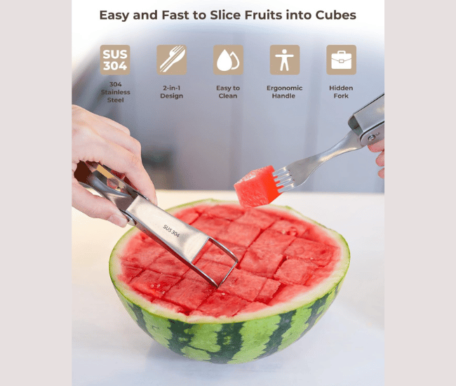 CripsTaste 2-in-1 Watermelon Cutter with Retractable Fork – Stainless Steel Fruit Slicer for Easy Serving