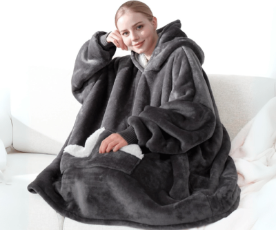 Wearable Blanket Hoodie – Oversized Sherpa Fleece Sweatshirt with Hood, Pocket, and Sleeves for Adults